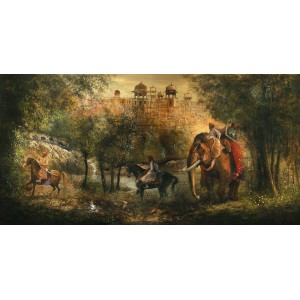 A. Q. Arif, Royal Escort, 36 x 72 Inch, Oil On Canvas, Citiscape Painting, AC-AQ-389